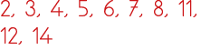 2, 3, 4, 5, 6, 7, 8, 11, 12, 14